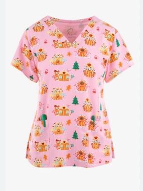 Maevn Pink Gingerbread House Scrub Top